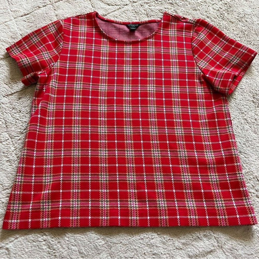 Ann Taylor Cotton Blend Plaid Knit Top Preppy Minimalist Cottage Coquette Sz MP